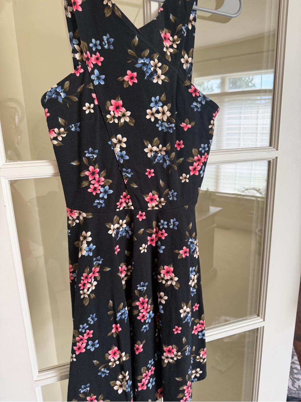 Hollister Black Floral Crossback Sundress with Pink & Blue Blooms